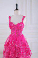 Ball Gown Corset Layered Fuchsia Prom Dresses Sweetheart Sequin - MyChicDress
